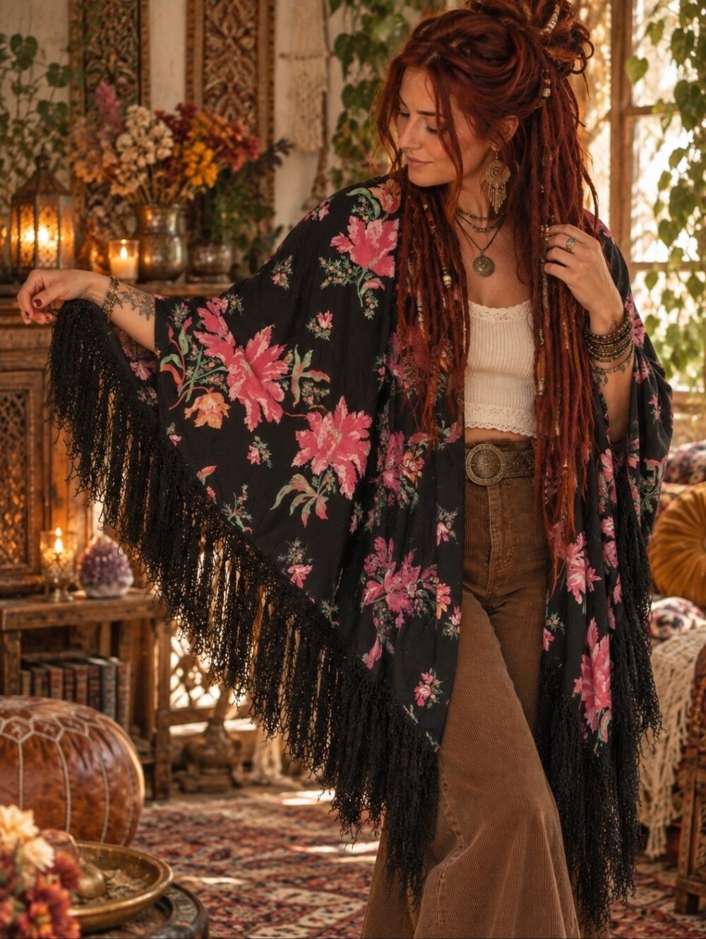 4/$15 Black Floral Fringe Kimono Scarf Boho Whimsigoth 70s Witchy Cottagecore